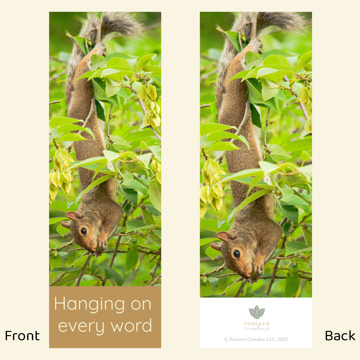 Bookmark w/ Squirrel in Tree and "Hanging on Every Word"
