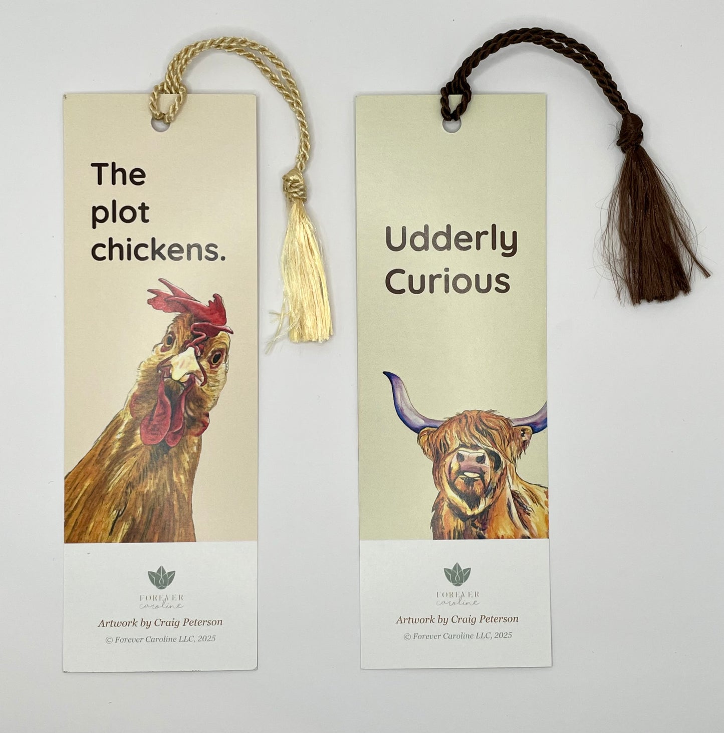 Bookmark w/ Chicken (Rooster) or Highland Cow Artwork | Double-Sided w/ Tassel & Funny Message