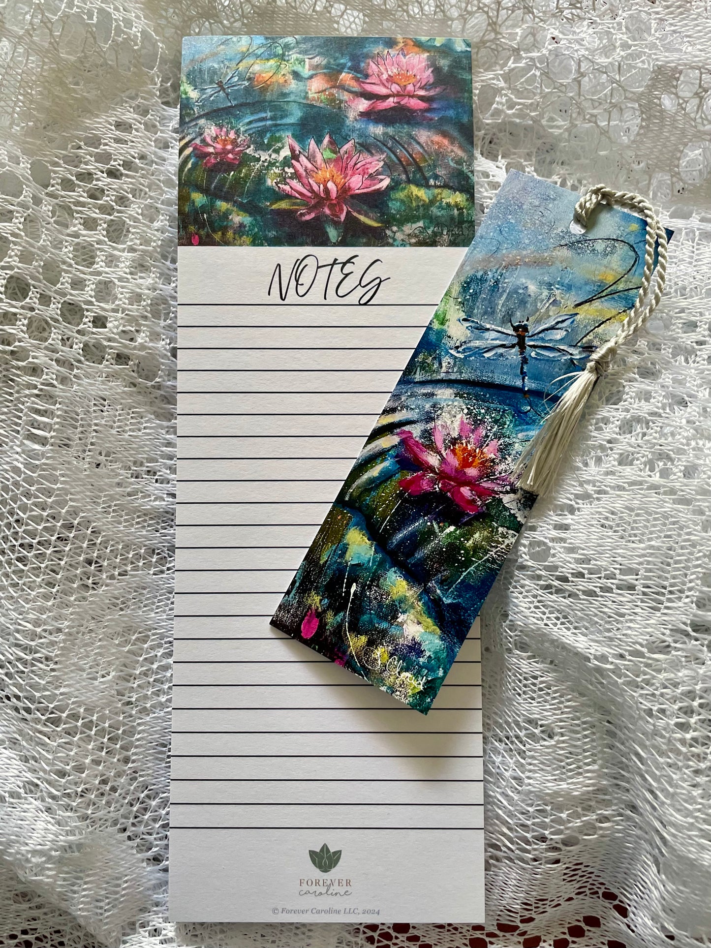 Bookmark w/ Pink Lotus and Dragonfly Artwork | Double-Sided w/ Tassel