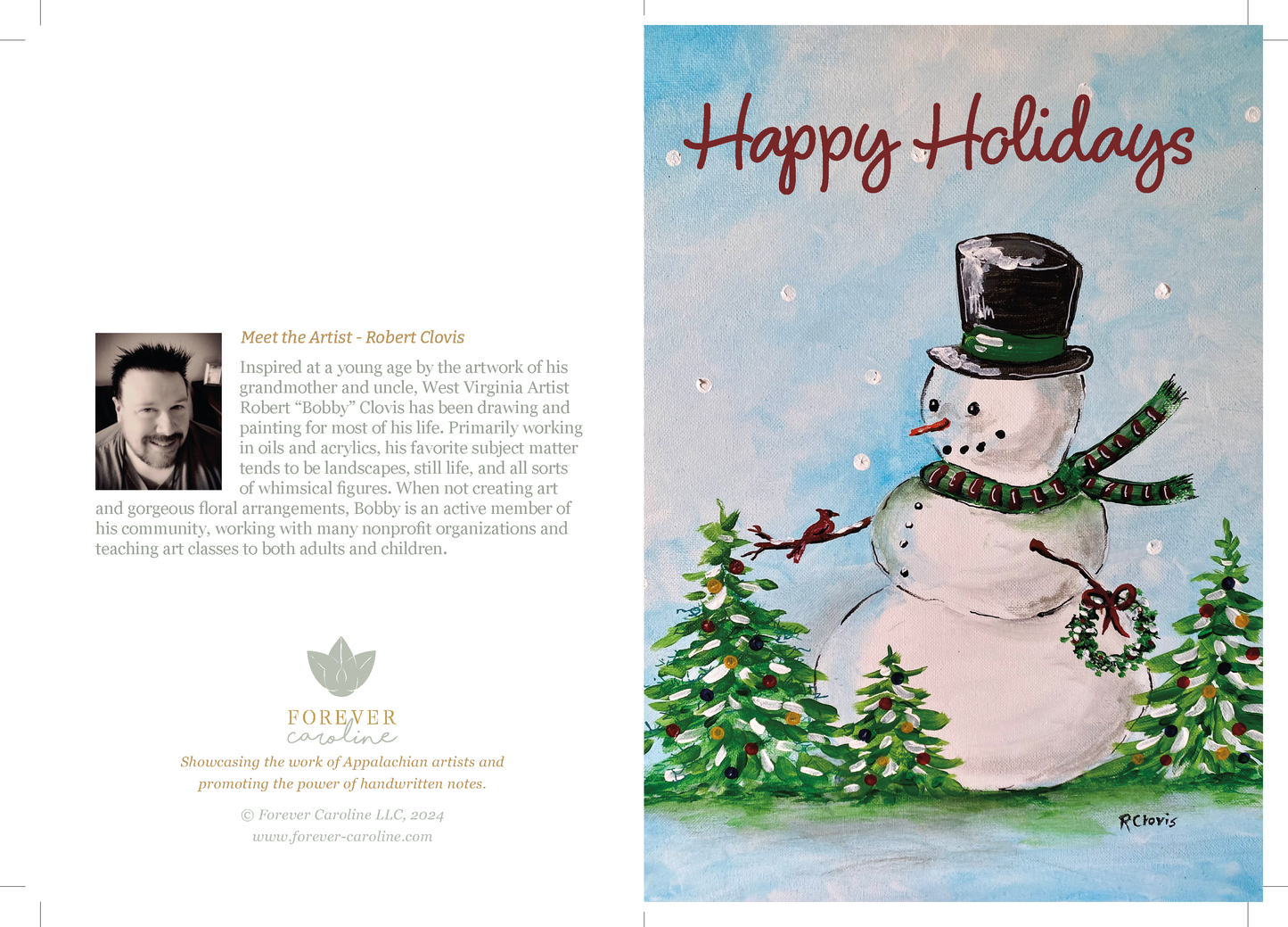 Snowman in the Woods Holiday Greeting Card w/ Happy Holidays, Season's Greetings from West Virginia or Season's Greetings from Ohio Message