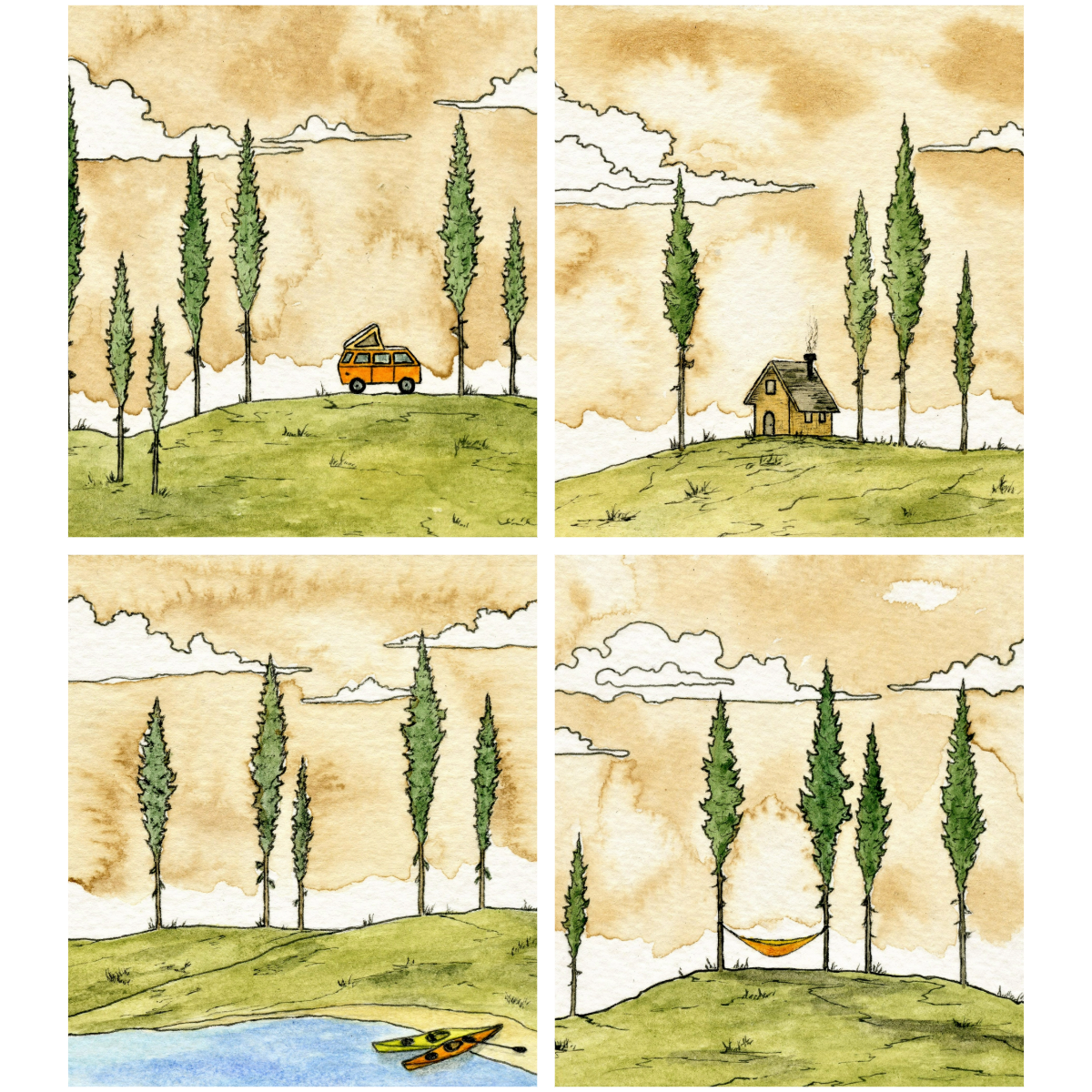 Outdoor Adventure Blank Notecard Set | Hammock, Van, Cabin, Kayak | 4 Card Set