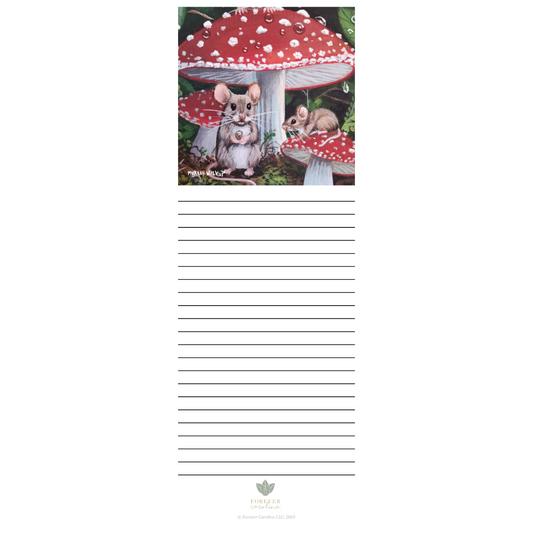 Magnetic Notepad w/ Mice & Red Toadstool Artwork | Cute Mouse Memo Pad
