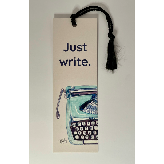 Bookmark w/ Vintage Blue Typewriter Artwork & "Just Write" Message | Double-Sided w/ Tassel
