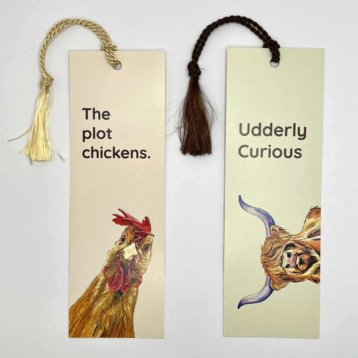 Bookmark w/ Chicken (Rooster) or Highland Cow Artwork | Double-Sided w/ Tassel & Funny Message
