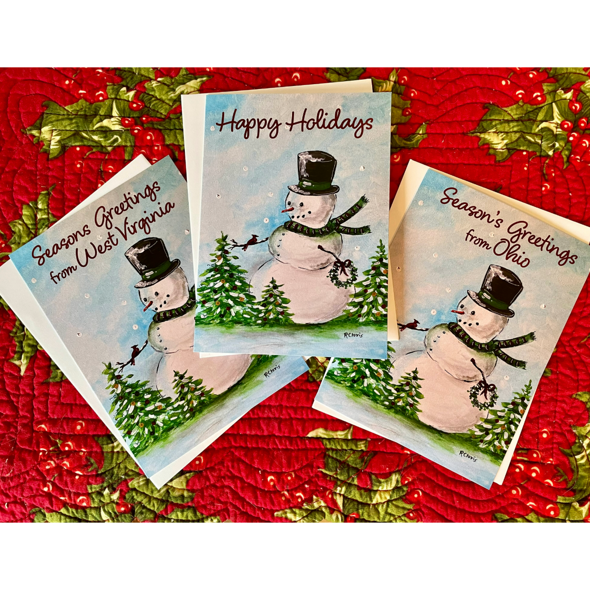 Snowman in the Woods Holiday Greeting Card w/ Happy Holidays, Season's Greetings from West Virginia or Season's Greetings from Ohio Message
