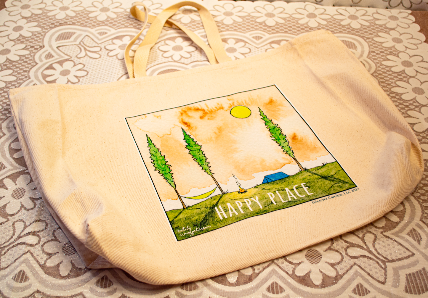 Camping "Happy Place" Jumbo Tote Bag for Visits to Camp, Overnight Trips and More