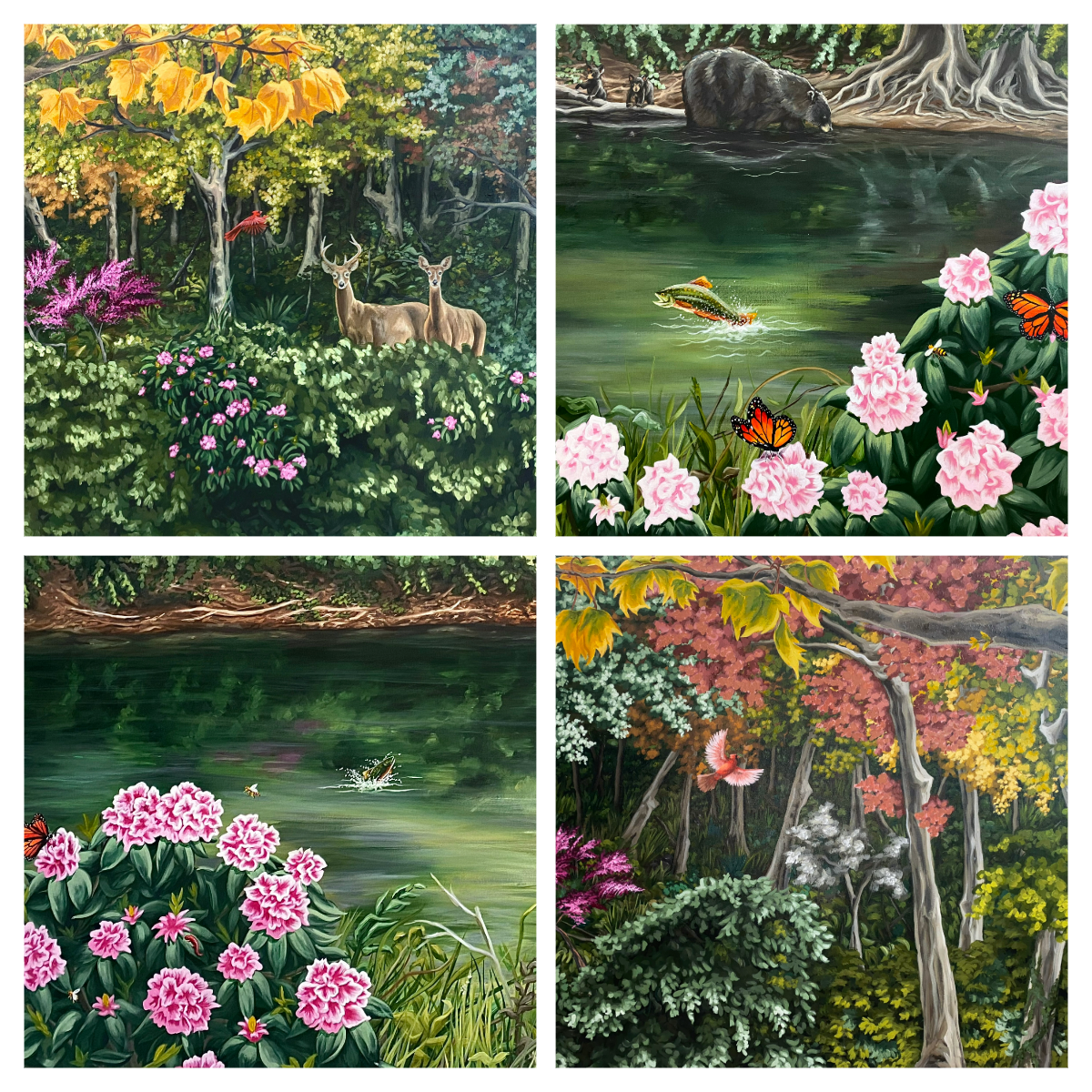 Forest Notecard Set | Deer, Black Bear, Trout, Cardinal, Lush Foliage | 4 Cards