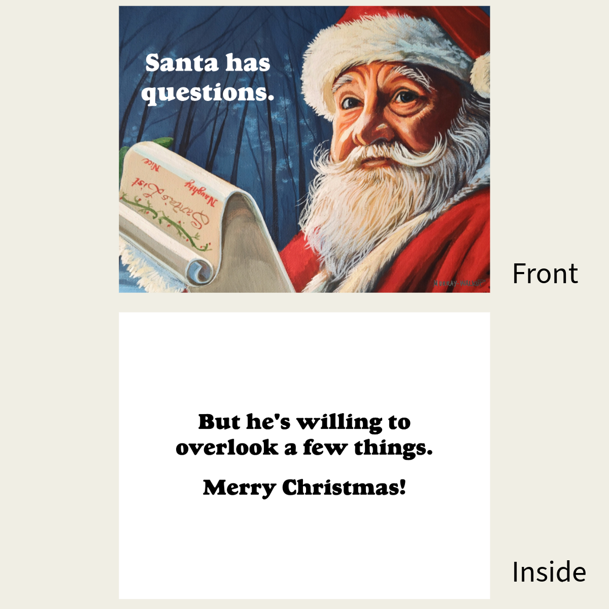 Santa Has Questions Funny Christmas Card w/ Inside Message | Single Card or Boxed Sets of 4, 8 or 20 Cards