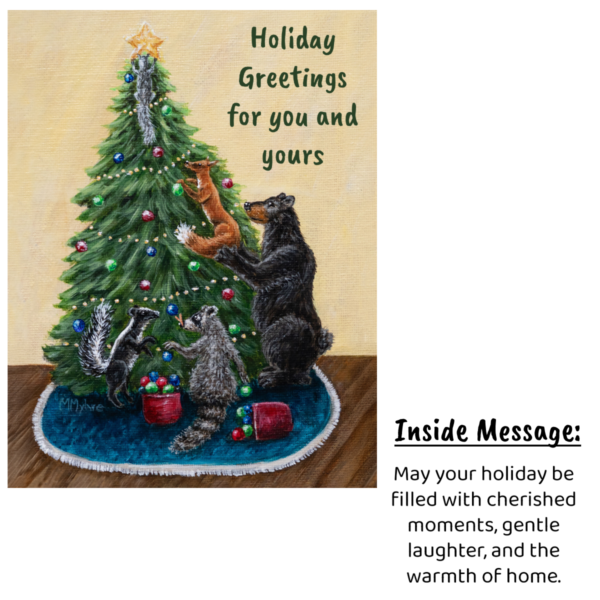 Holiday Card with Wildlife Decorating a Tree | Includes Bear, Fox, Skunk & Raccoon | Single Card or Boxed Set of 4, 8 or 20 Cards