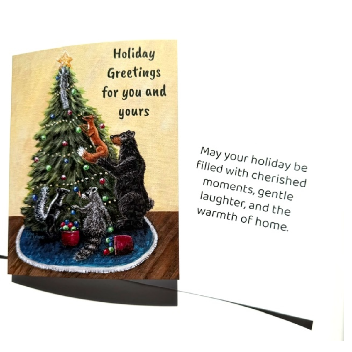 Holiday Card with Wildlife Decorating a Tree | Includes Bear, Fox, Skunk & Raccoon | Single Card or Boxed Set of 4, 8 or 20 Cards