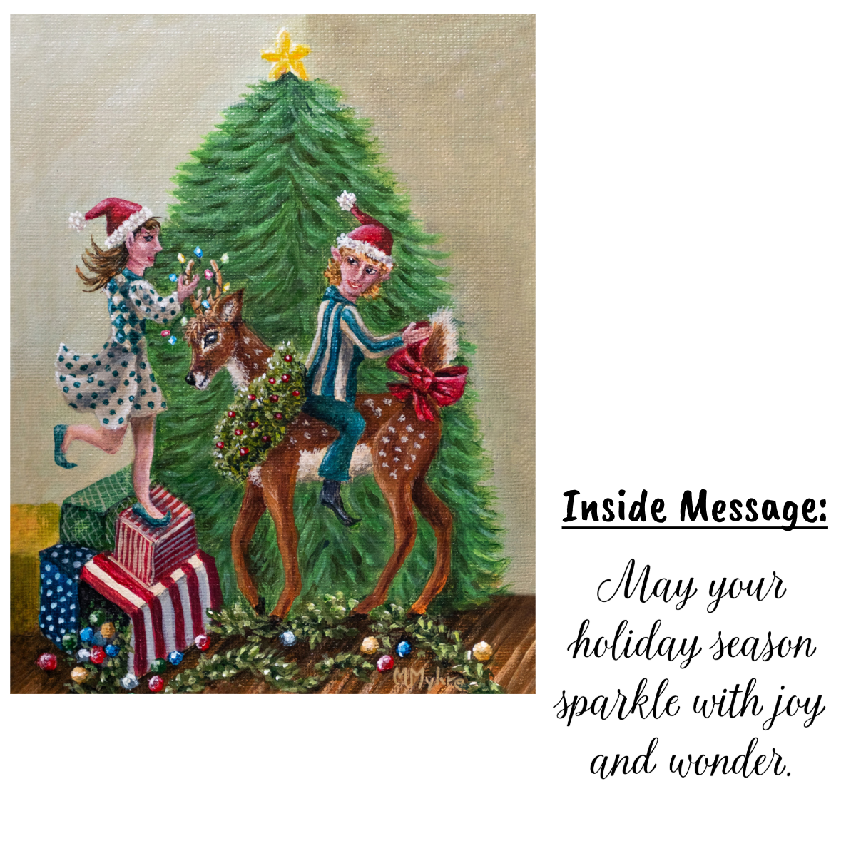 Holiday Card w/ Elves Decorating Deer | Includes Inside Message | Single Card or Boxed Set of 4, 8 or 20 Cards (Copy)
