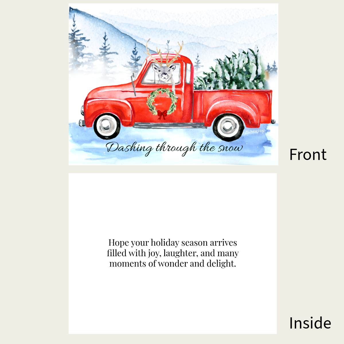 Christmas Card w/ Reindeer in Red Truck & Inside Message | Single Card or Boxed Set of 4, 8 or 20 Cards (Copy)