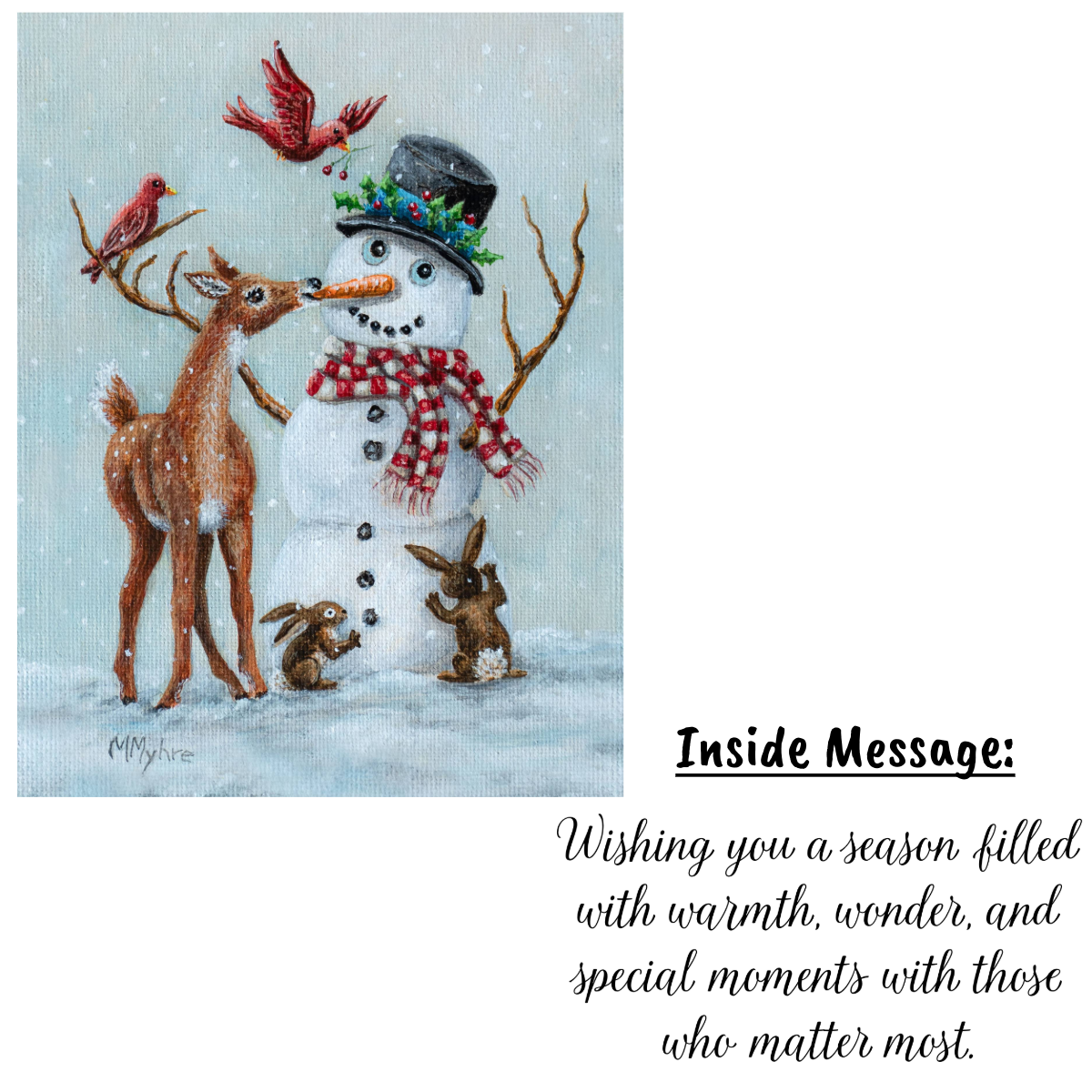 Holiday Card w/ Wildlife Decorating a Snowman | Includes Inside Message | Single Card or Boxed Set of 4, 8 or 20 Cards