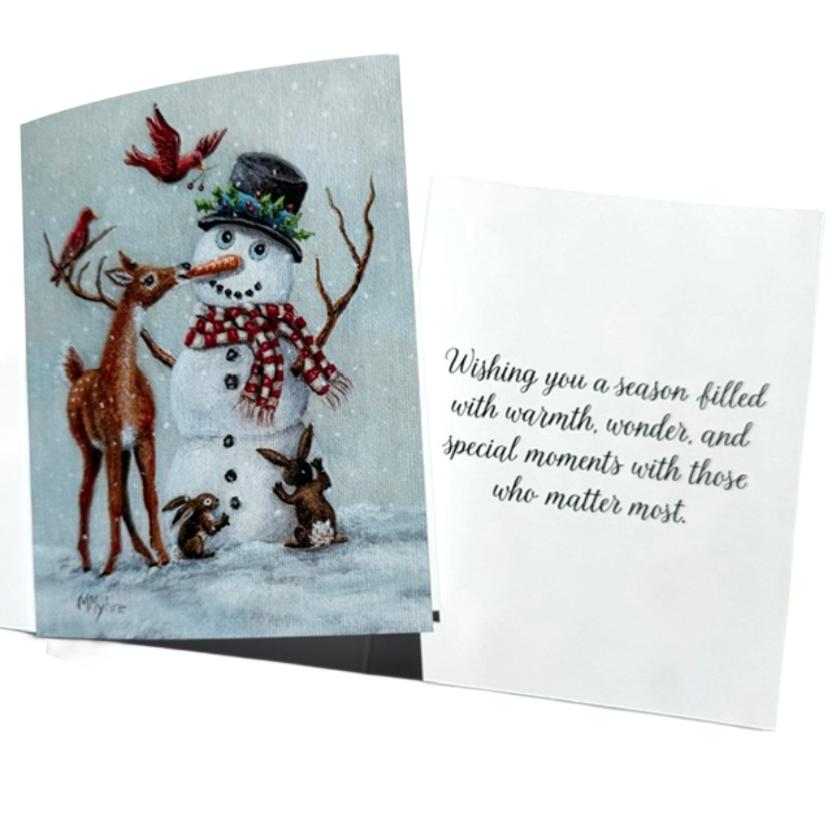 Holiday Card w/ Wildlife Decorating a Snowman | Includes Inside Message | Single Card or Boxed Set of 4, 8 or 20 Cards