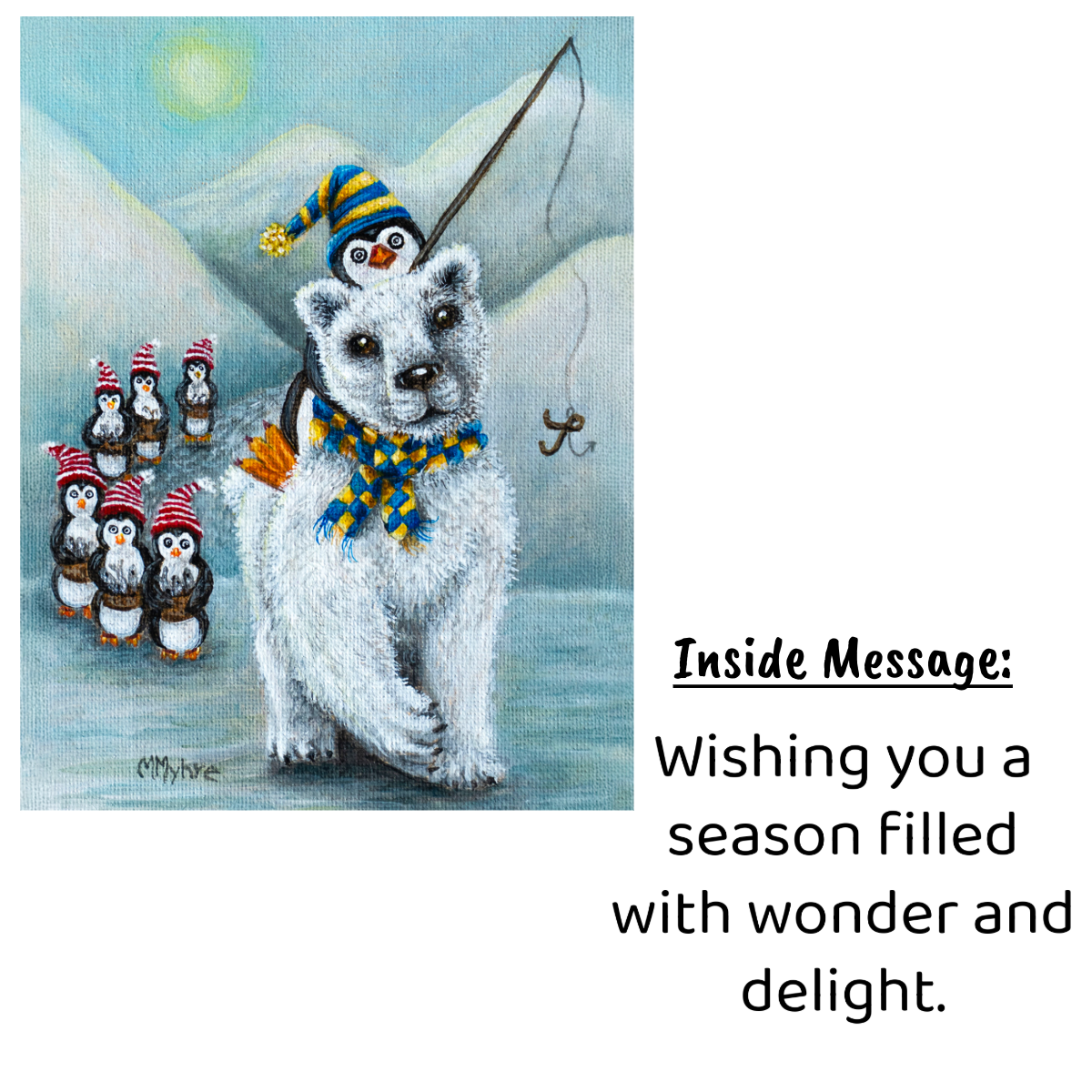Holiday Card w/ Whimsical Polar Bear & Penguin Art | Includes Inside Message | Single Card or Boxed Set of 4, 8 or 20 Cards