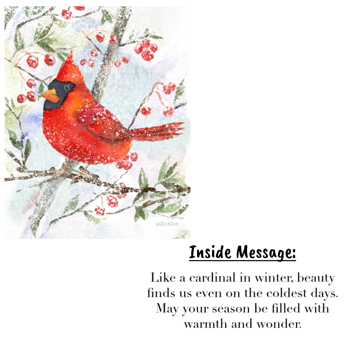 Red Cardinal Winter Holiday Greeting Card w/ Inside Message | Single Card or Boxed Set of 4, 8 or 20 Cards