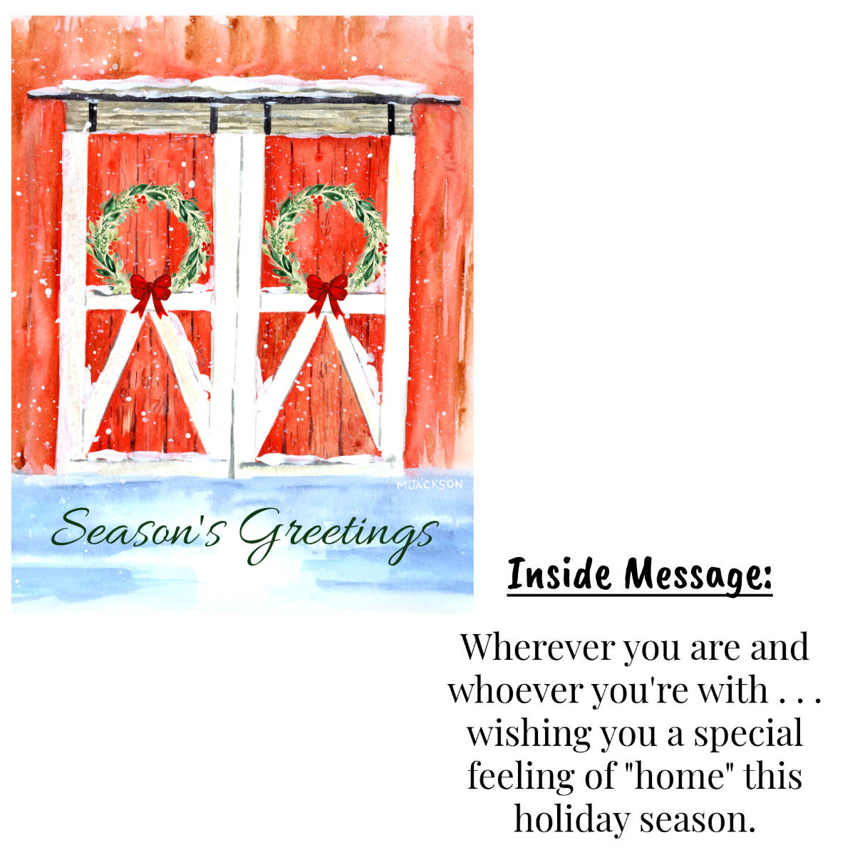 Season's Greetings Holiday Card with Farmhouse Artwork and Inside Message | Single Card or Boxed Set of 4, 8 or 20 Cards