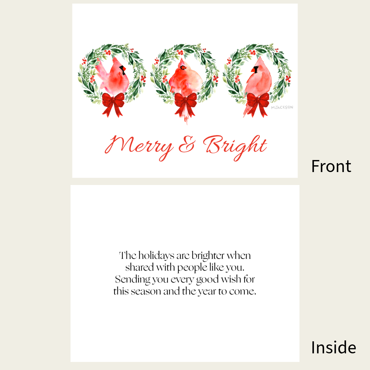 Holiday Card w/ Festive Cardinals & Wreaths | Inside Message | Single Card or Boxed Set of 4, 8 or 20 Cards