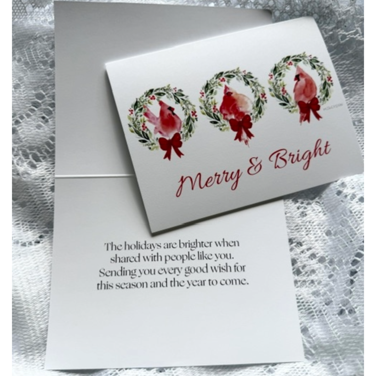 Holiday Card w/ Festive Cardinals & Wreaths | Inside Message | Single Card or Boxed Set of 4, 8 or 20 Cards