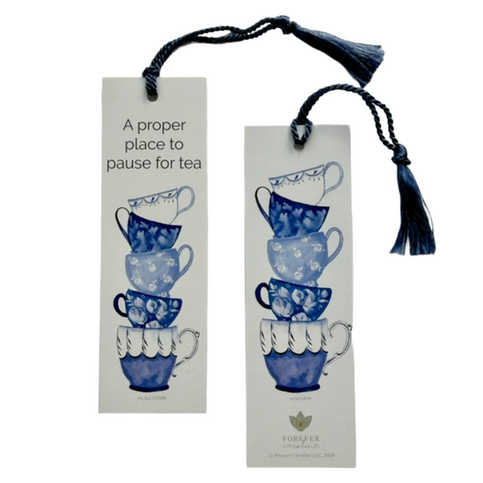 Bookmark w/ Vintage Blue & White Teacups & "The Proper Place to Pause for Tea"