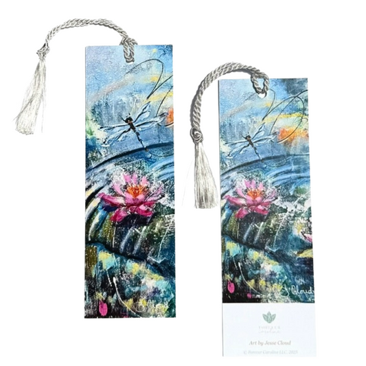 Bookmark w/ Pink Lotus and Dragonfly Artwork | Double-Sided w/ Tassel