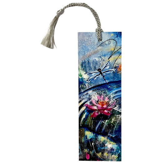 Bookmark w/ Pink Lotus and Dragonfly Artwork | Double-Sided w/ Tassel