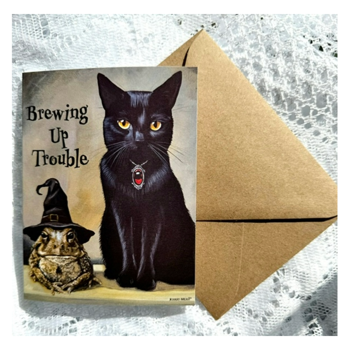 Halloween Black Cat & Witchy Toad "Trouble" Greeting Card