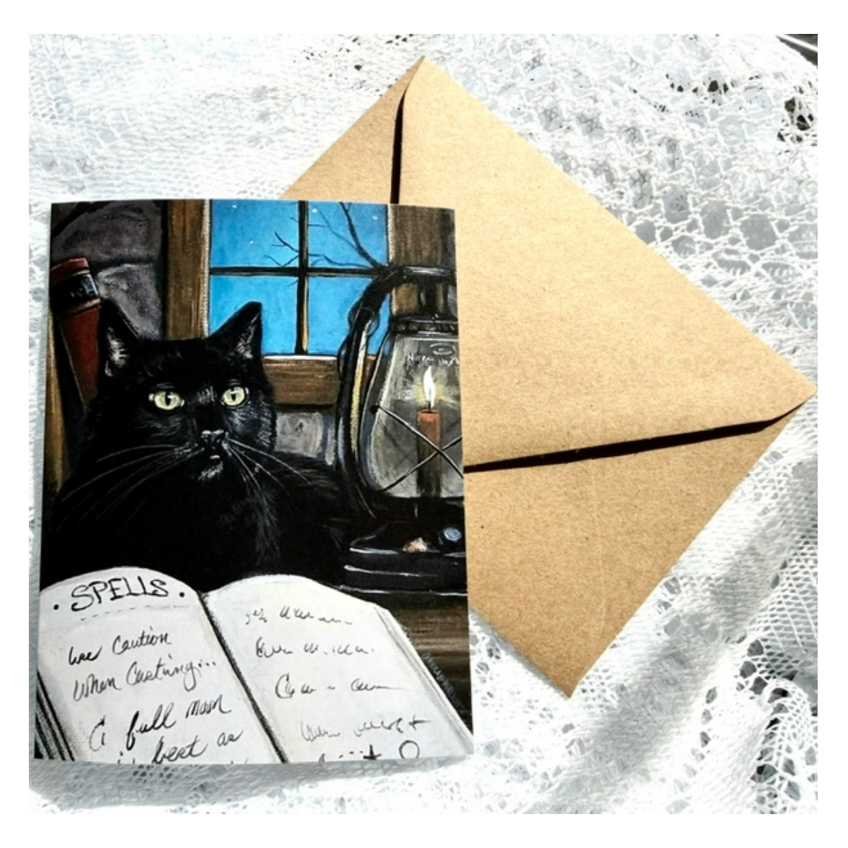 Halloween Greeting Card with Black Cat & Witchy Spell Book