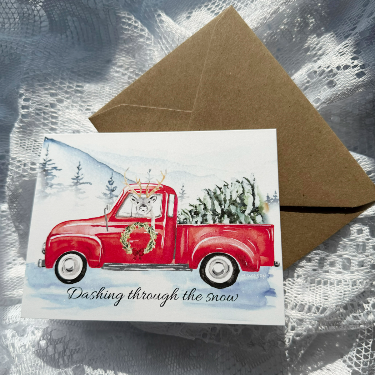 Christmas Card w/ Reindeer in Red Truck & Inside Message | Single Card or Boxed Set of 4, 8 or 20 Cards (Copy)