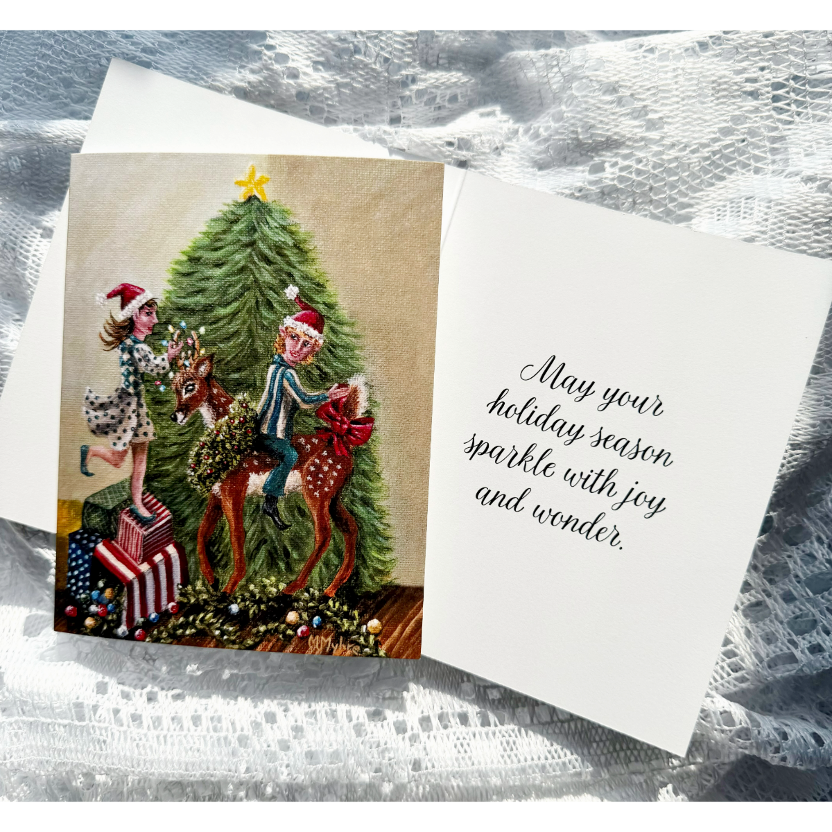 Holiday Card w/ Elves Decorating Deer | Includes Inside Message | Single Card or Boxed Set of 4, 8 or 20 Cards (Copy)