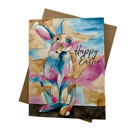 Whimsical Pink & Blue Easter Bunny Greeting Card