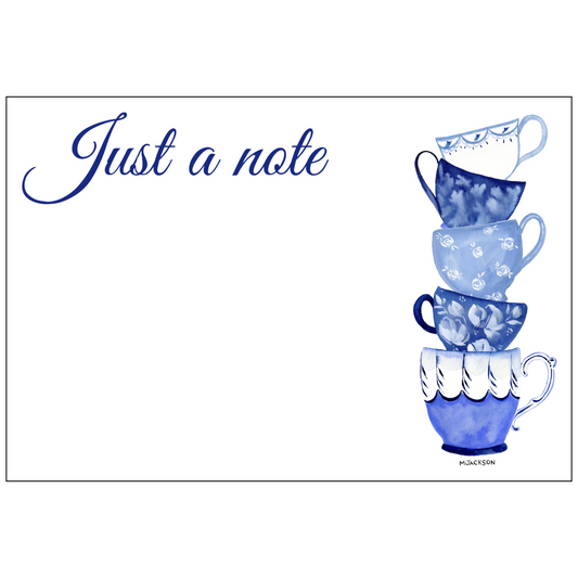 Flat Note Cards with Vintage Blue and White Teacups | Set of 8 Cards & Envelopes