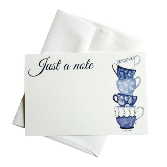 Flat Note Cards with Vintage Blue and White Teacups | Set of 8 Cards & Envelopes