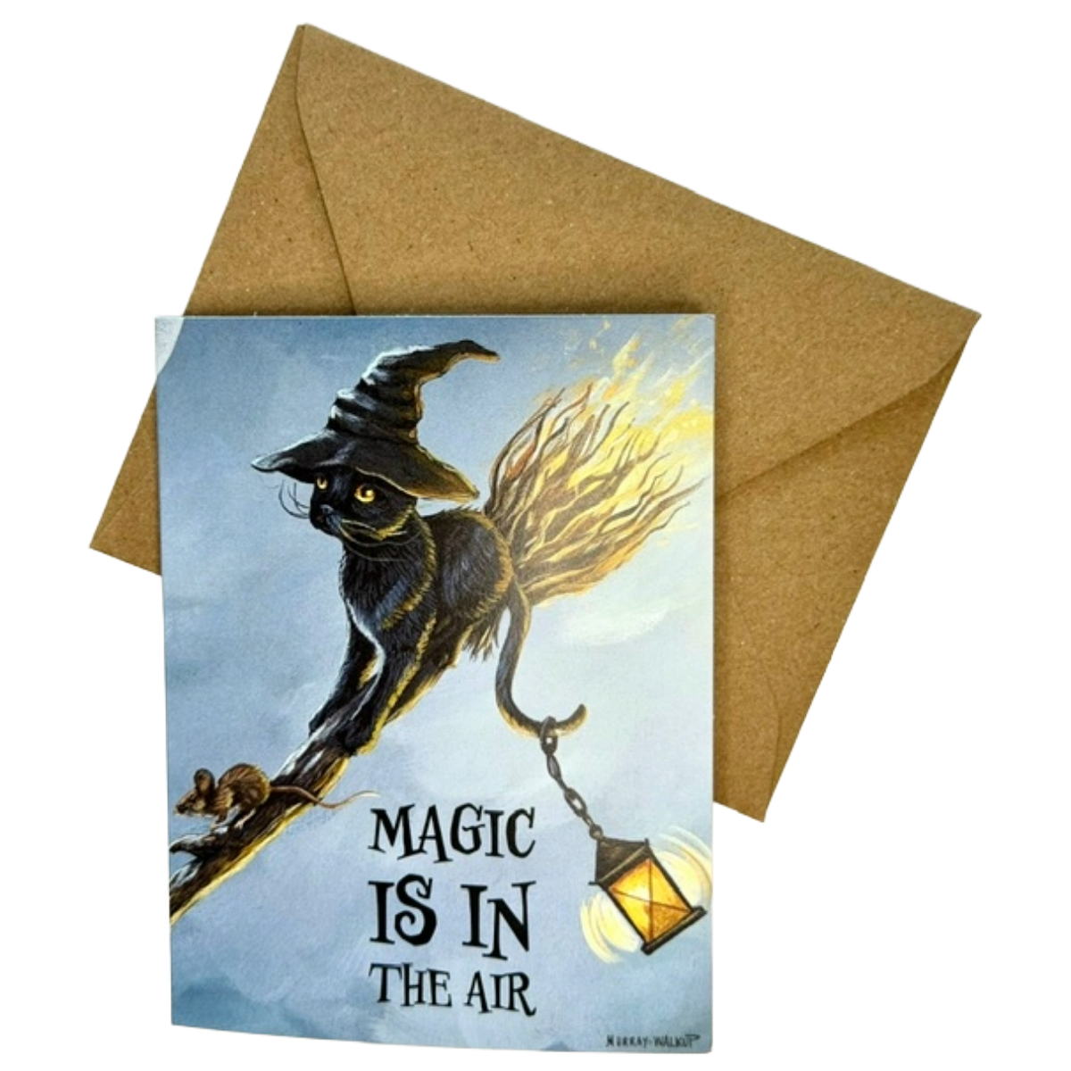 Halloween Black Cat on Broomstick Greeting Card | "Magic is in the Air"