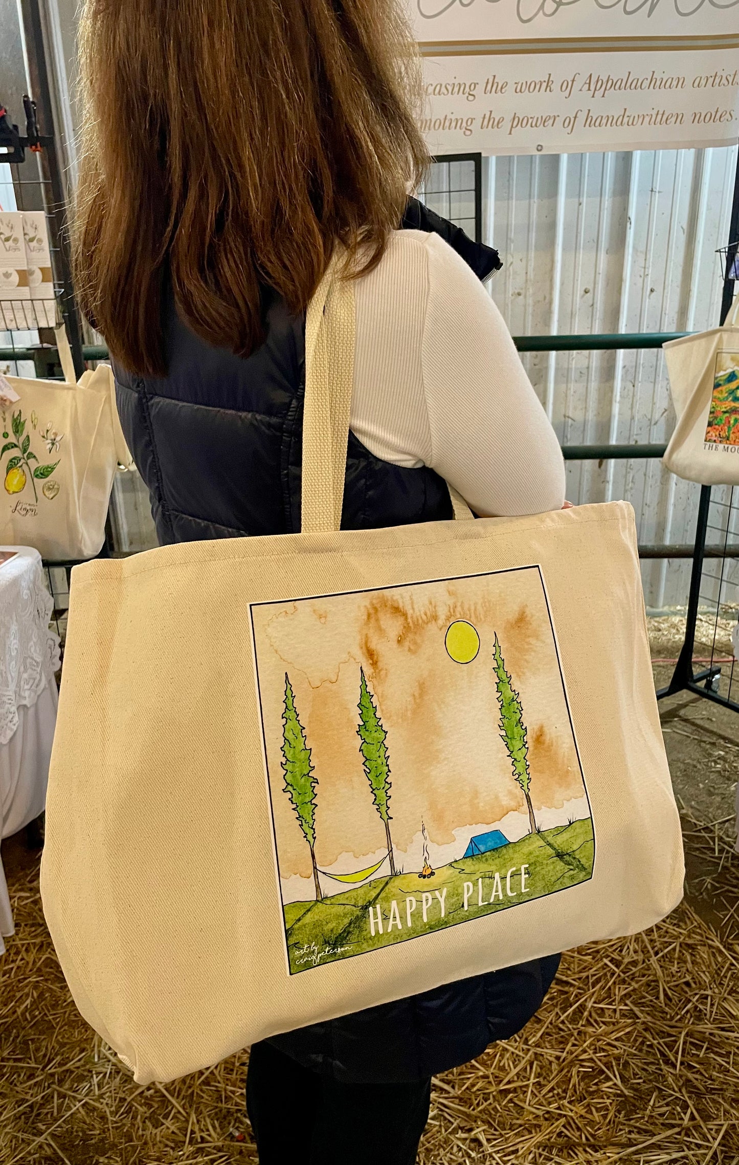 Camping "Happy Place" Jumbo Tote Bag for Visits to Camp, Overnight Trips and More