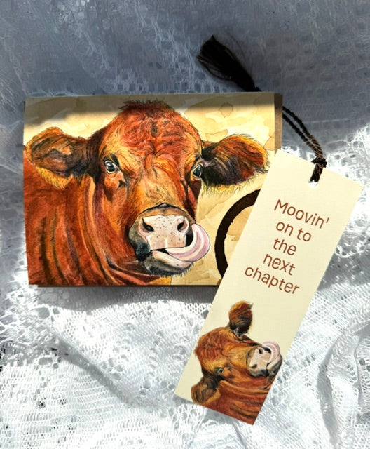 Bookmark w/ Whimsical Cow & "Mooving on to Next Chapter"