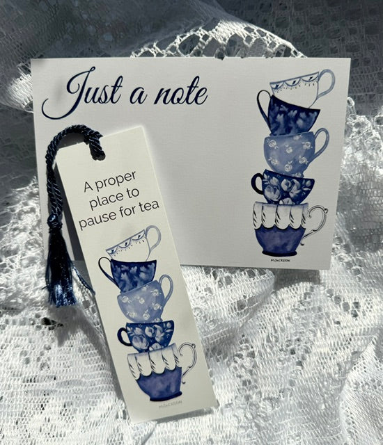 Bookmark w/ Vintage Blue & White Teacups & "The Proper Place to Pause for Tea"