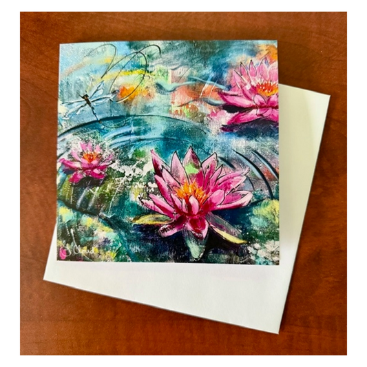 Pink Lotus & Dragonfly Blank Notecard | Single or 4-Card Set