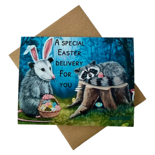 Whimsical Opossum "Bunny" & Raccoon Easter Greeting Card