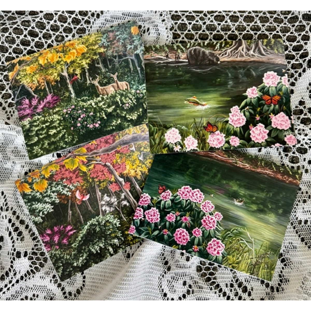 Forest Notecard Set | Deer, Black Bear, Trout, Cardinal, Lush Foliage | 4 Cards | CLOSE OUT