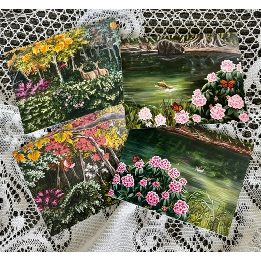 Forest Notecard Set | Deer, Black Bear, Trout, Cardinal, Lush Foliage | 4 Cards | CLOSE OUT