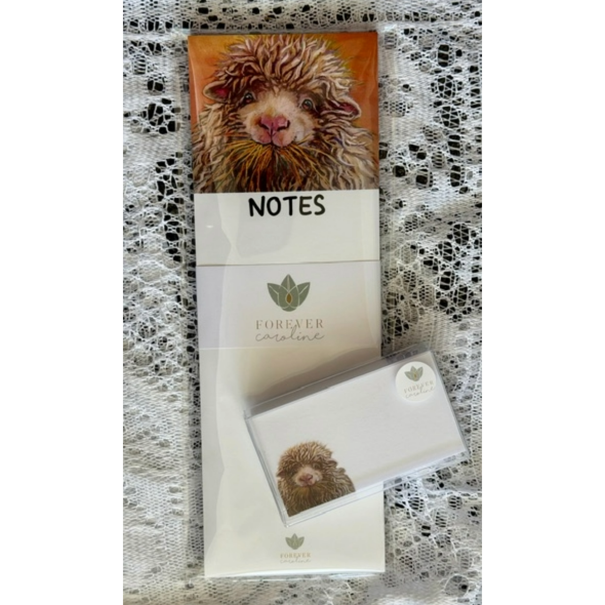 Fuzzy Sheep Portrait Gift Set - Magnetic Notepad w/ Matching "Love Notes" Tiny Cards