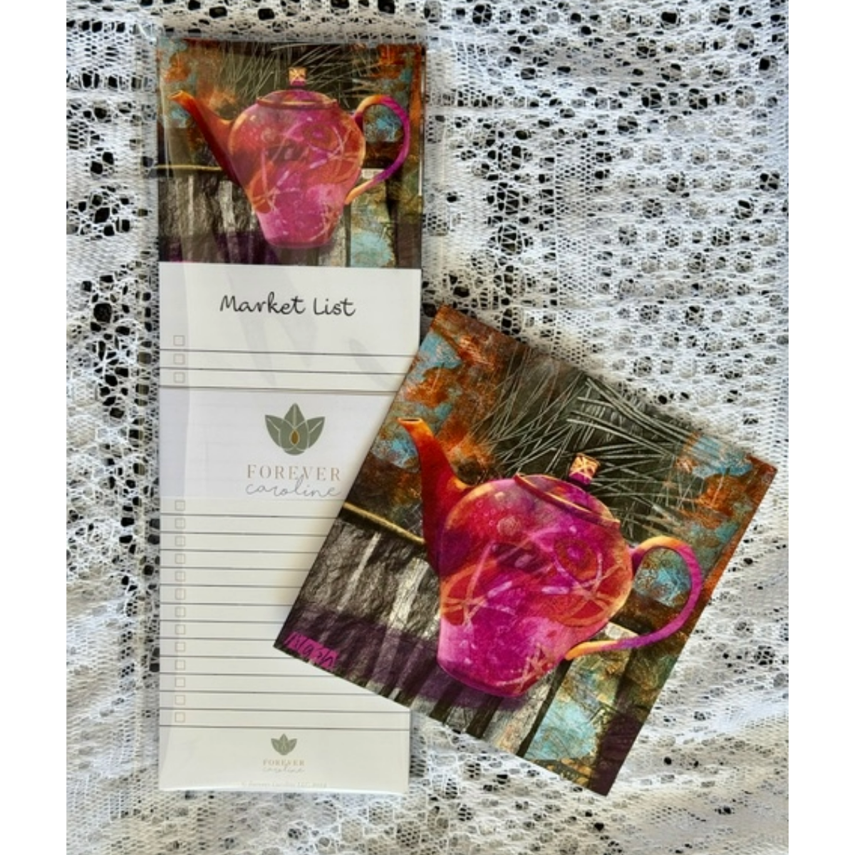 Pink Teapot Kitchen Stationery Gift Set - Magnetic Notepad + Fine Art Square Note Card