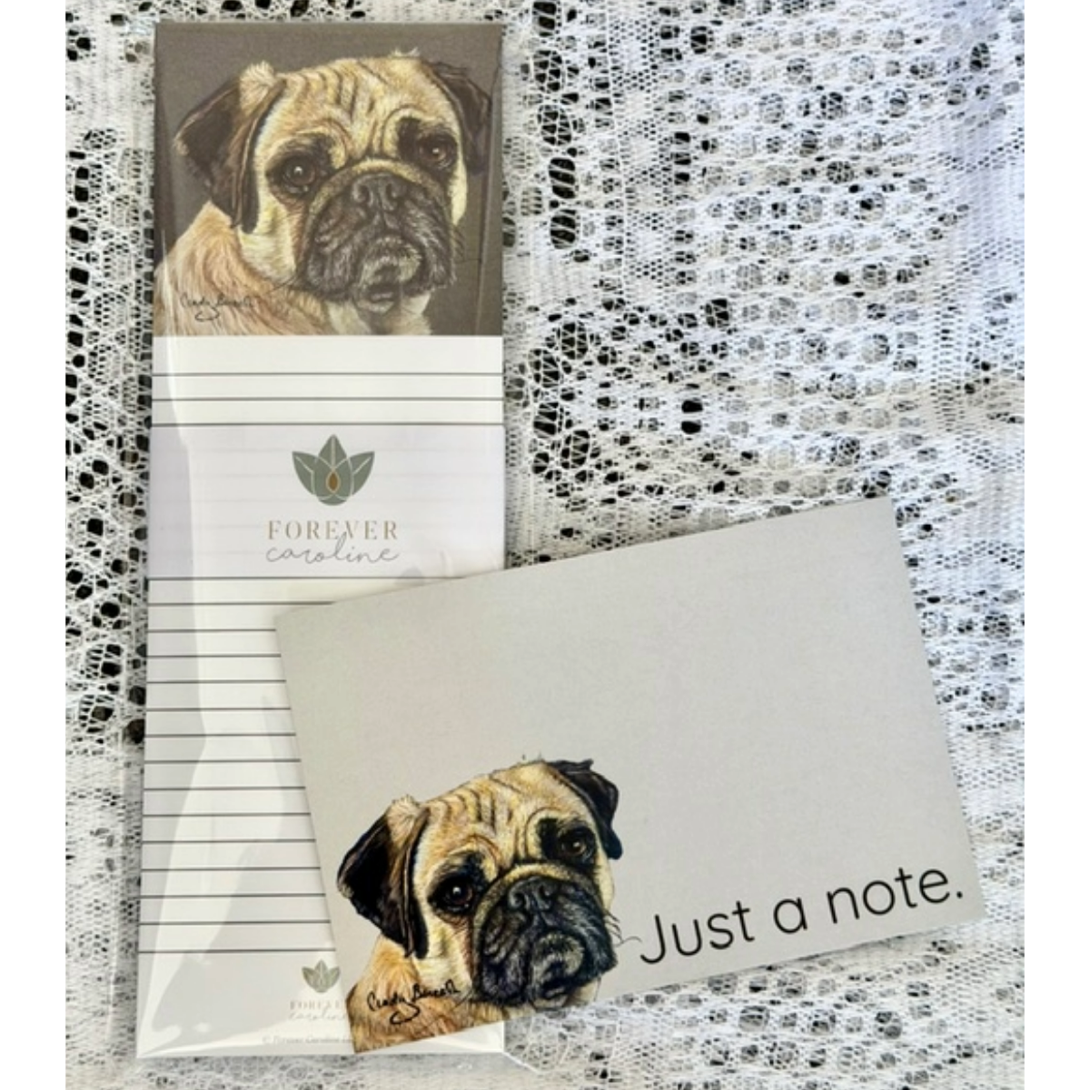 Pug Dog Gift Set  - Magnetic Notepad + "Just a Note" Flat Note Card