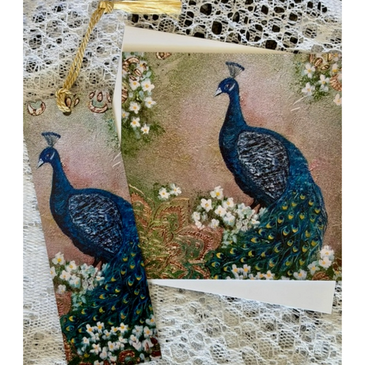 Peacock Tapestry Gift Set - Square All-Occasion Blank Notecard + Tassel Bookmark