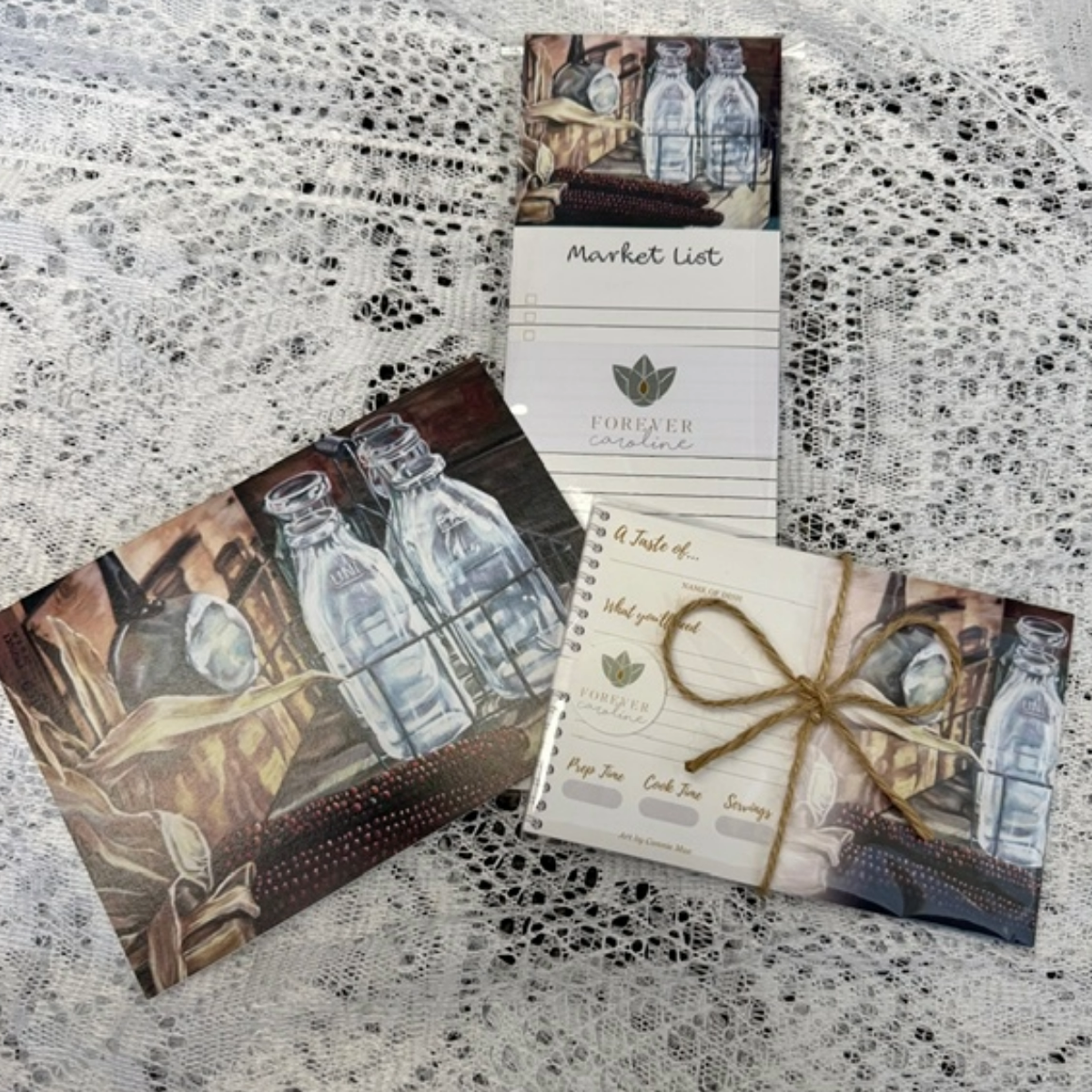 Vintage Kitchen Gift Set Featuring Magnetic Market List, 8 Recipe Cards & Fine Art Note Card