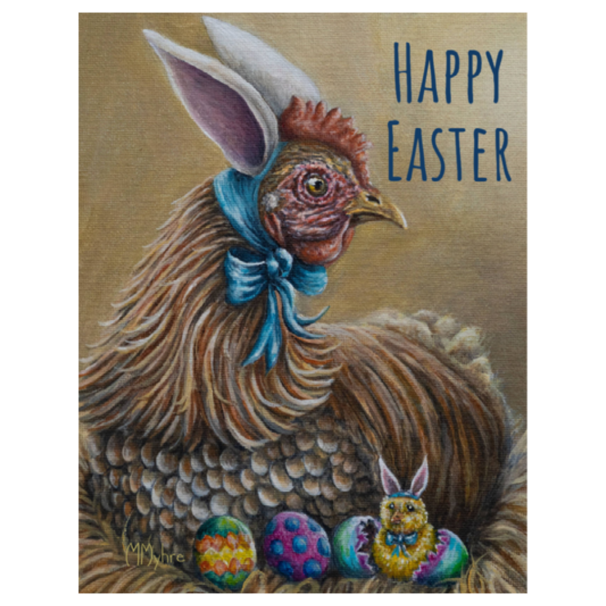 Contemporary Fine Art Easter Card featuring Chicken and Chick w/ Bunny Ears