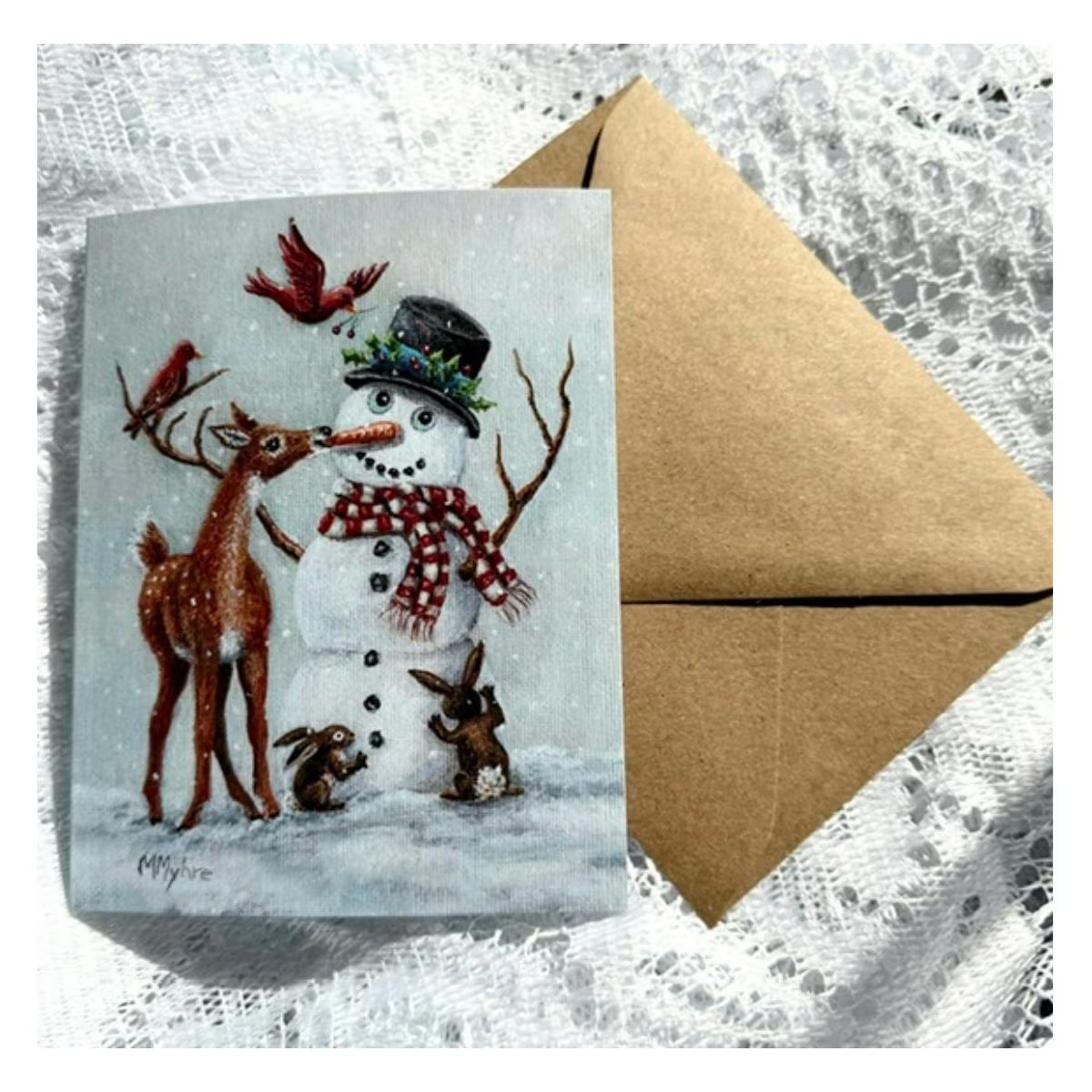 Holiday Card w/ Wildlife Decorating a Snowman | Includes Inside Message | Single Card or Boxed Set of 4, 8 or 20 Cards