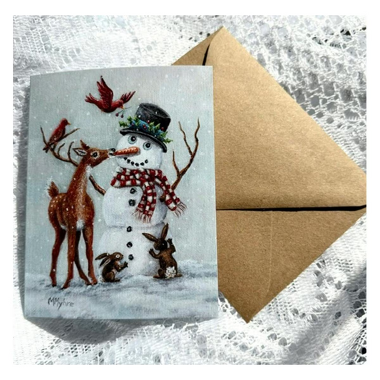 Holiday Card w/ Wildlife Decorating a Snowman | Includes Inside Message | Single Card or Boxed Set of 4, 8 or 20 Cards