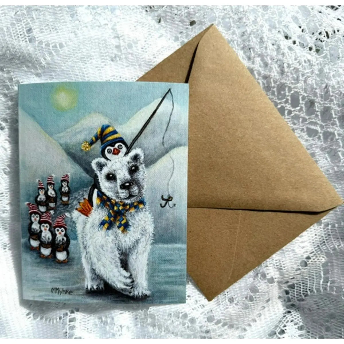 Holiday Card w/ Whimsical Polar Bear & Penguin Art | Includes Inside Message | Single Card or Boxed Set of 4, 8 or 20 Cards